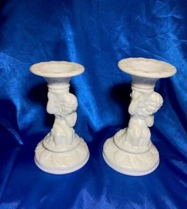 2 Vtg Satin Doeskin Vinelf Milk Glass Cherub Candle Holders by Imperial Glass - Picture 1 of 2