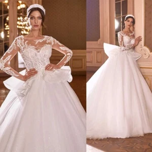 Ball Gown Wedding Dresses Long Sleeves Applique Boat Neck Ruffles Train Layered - Picture 1 of 15
