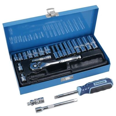 1/4" Drive 23pc Metric Socket Set Shallow Deep Sockets Ratchet Extensions UJ - Image 1 of 4