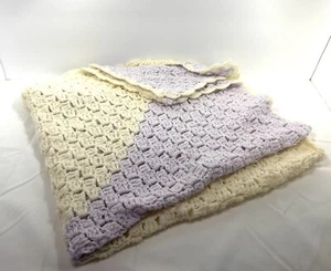 Afghan Crochet Granny Blanket Handmade Throw Purple And Cream Baby - Picture 1 of 3