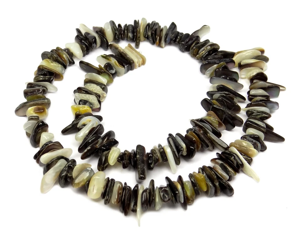 😏 Schwarzlippen Perlauster lange Splitter ca. 9 - 18 mm Muschelperlen Strang 😉 - Bild 1 von 1