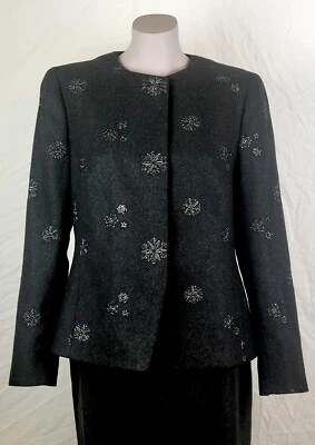 AKRIS Bordado 100% Cachemira Traje de Noche Falda y Blazer Gris Carbón Talla 12 Foto 1 de 4