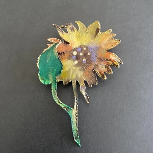 Vintage geschliffenes Metall Sonnenblume Blume Brosche Anstecknadel mehrfarbig 2 1/2 Zoll - Bild 1 von 9