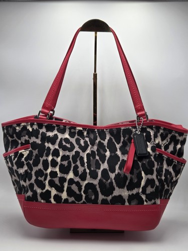 Borsa a tracolla Coach Park Ocelot tela leopardata bordo pelle rosso F25178