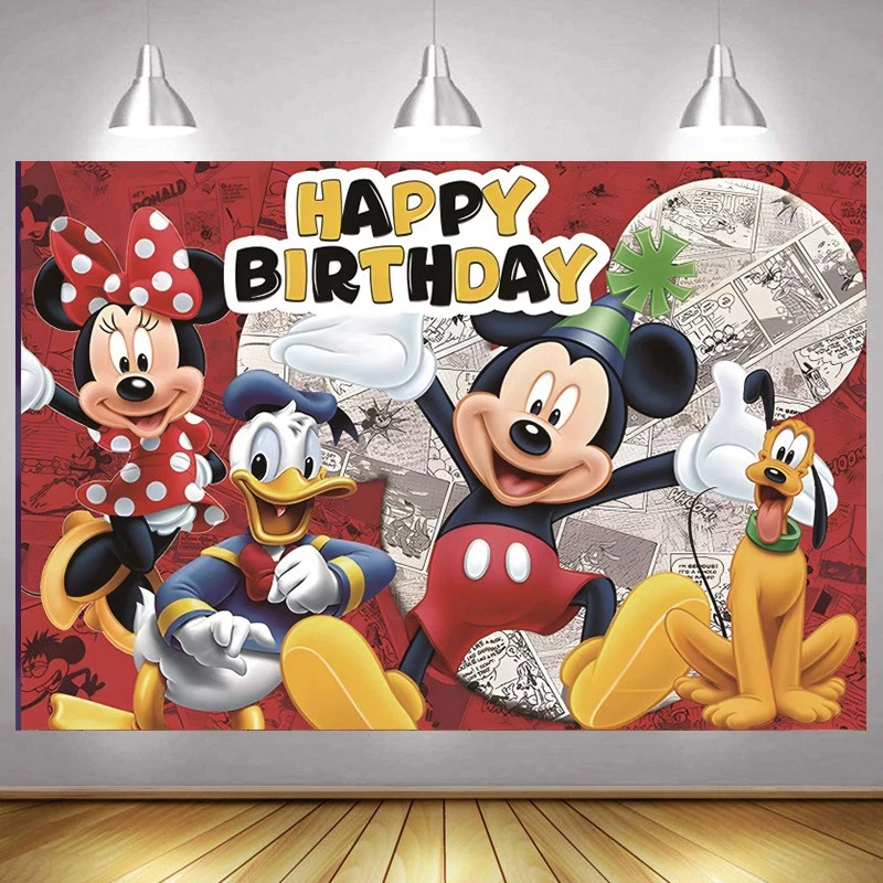 Mickey Minnie Mouse Telón de Fondo Niños Feliz Cumpleaños Fiesta Fondo Banner Decoración Foto 1 de 4
