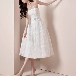 White Mesh Dress Women Summer Strapless A-line Skirt Slimming A-Line Party Dress - Picture 1 of 12