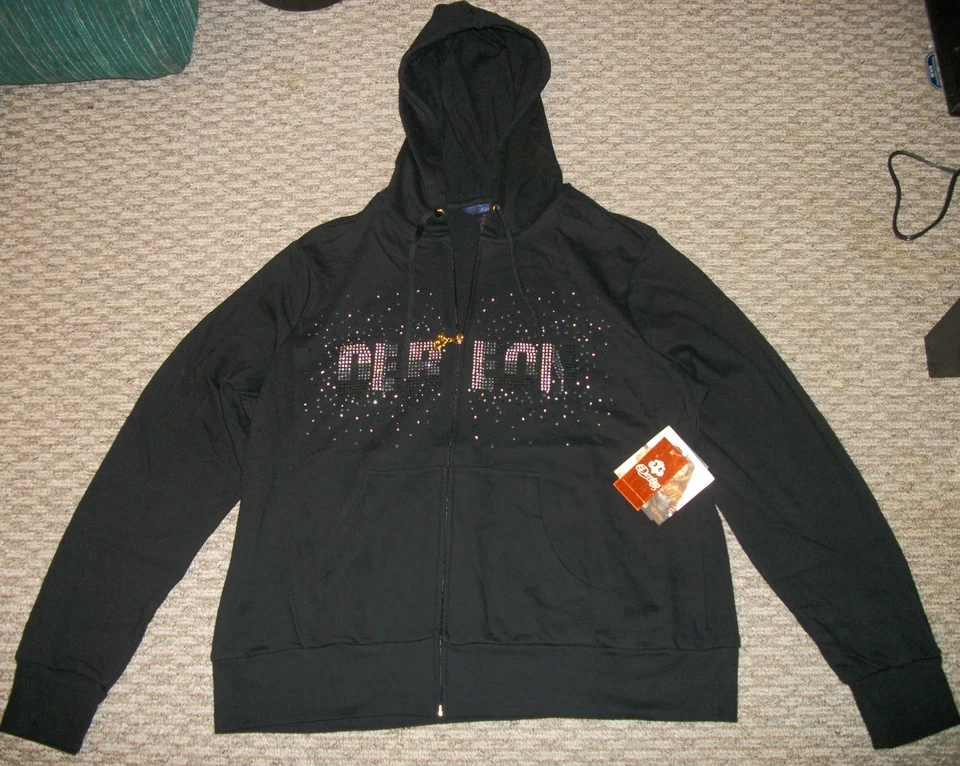NUEVO CON ETIQUETAS DEREON JEANS LENTEJUELAS CRISTAL NEGRO SUDADERA CON CAPUCHA CHAQUETA PARA MUJER TALLA GRANDE 1X 2X 3X Foto 1 de 1