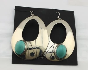 Navajo Handmade Earrings 925 Silver Blue Turquoise Signed Vera Jane C.80's - Picture 1 of 9