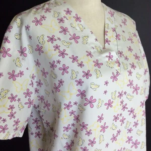 Natural Uniforms Damen Peeling Top Größe Small weiß gelb Schmetterlinge Blumen - Bild 1 von 12