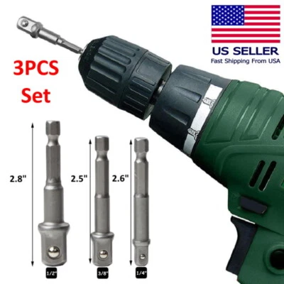 3PCS Set Steel Square Socket Long Drill Bit Drive Adapter Hex Shank 1/4 3/8 1/2" - Image 1 of 2
