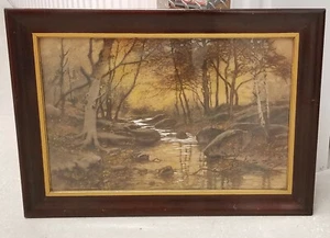 LARGE FRAMED 1905 TABER PRANG ART Co ARTS AND CRAFTS PRINT FOREST STREAM SCENE - Picture 1 of 8