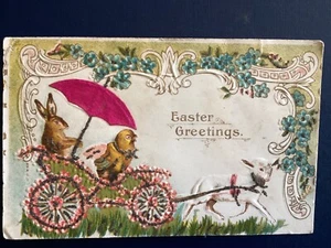 Postcard Easter Anthropomorphic lamb rabbit chick cart glitter Embossed C3 - Picture 1 of 3