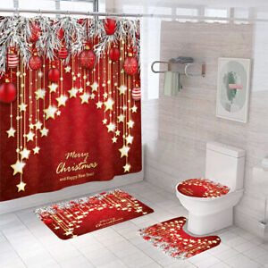 Merry Christmas Shower Curtain Bathroom Rug Set Thick Bath Mat Toilet Lid Cover