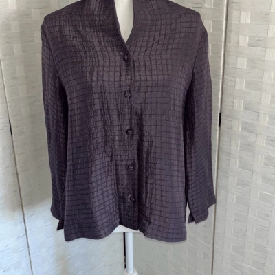 Eileen Fisher Silk Linen 3/4 Sleeve Check Jacket Purple Women’s Medium - Image 1 of 4