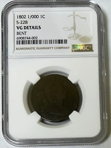 1802 S-228 1/000 Draped Bust Large Cent 1C NGC VG Details Bent Very Good Details - Picture 1 of 10