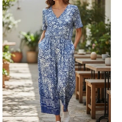 NWT ~ Blue & White Summer Floral Pantsuit Jumpsuit ~ Women's Plus Size 2X - Image 1 of 2