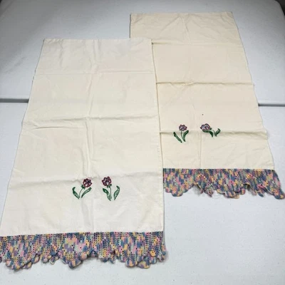 vintage pillowcase standard pair embroidered floral crochet edge mcm retro 70s - Image 1 of 4