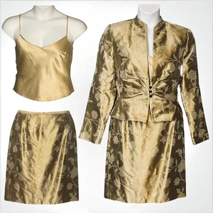Vintage 90s Kay Unger NY Silk Skirt Suit Size 14 3pc Set Champagne Gold Brocade - Picture 1 of 13