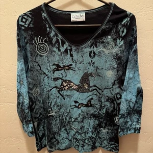 Cactus Bay Shirt Blue Women’s Large Rhinestones Horses Southwest 3/4  Sleeve USA - Picture 1 of 9