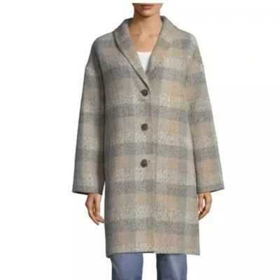 Eileen Fisher Alpaca Wool Twill Plaid Coat Tan Gray Longline Jacket XS - Image 1 of 4