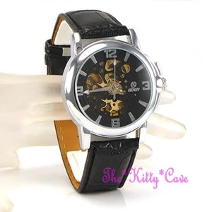 Lujo Automático Mecánico Esqueleto Steampunk Negro Cuero, Plata Reloj de cuerda - Imagen 1 de 12