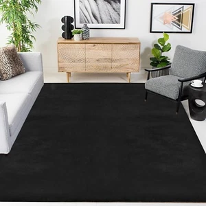 Alfombra de área de conejo de piel sintética suave mullida negra alfombra lavable alfombra peluda difusa de lujo - Imagen 1 de 22