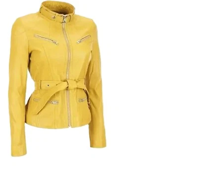 Women's Yellow Lambskin Leather Biker Jacket Moto Style Belted Jacket All sizes - Image 1 of 4