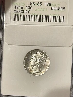 1916 Mercury Dime ANACS MS63FB Full Bands #859.90 - Image 1 of 2