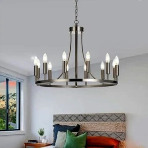 Brandneu 26" Gebürstetes Nickel 12 Lichter Wagenrad Moderner Kronleuchter Licht Fr Shp - Bild 1 von 5