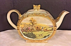 Ant Sadler Porcelain Teapot w/ Lid Gold Gilt Hunt Scene #1713 Made in England - Picture 1 of 11