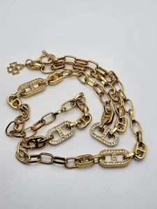 Ann Taylor Gold Tone Link Chain With Clear Crystal Accents Necklace Toggle Clasp - Picture 1 of 8