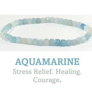 Aquamarine Cube Cut Crystal Stone Bracelet 4mm Crystal Stone Bracelet Stress - Picture 1 of 3