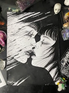 Dibujo a tinta surrealista oscura - arte original A4. Arte abstracto de pareja de expresión - Imagen 1 de 8