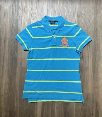 Ralph Lauren运动蓝色霓虹条纹POLO恤女式M刺绣标志 — 第 1/4 张图片