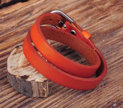 NG557 Light Brown Biker Trendy Double Wrap Leather Cowhide Buckle Bracelet Cuff - Image 1 of 4