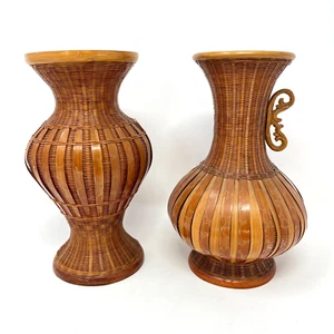 2 Vintage Shanghai Handicrafts Woven Vases Cane Rattan Bamboo Lacquer Wood Decor - Picture 1 of 12