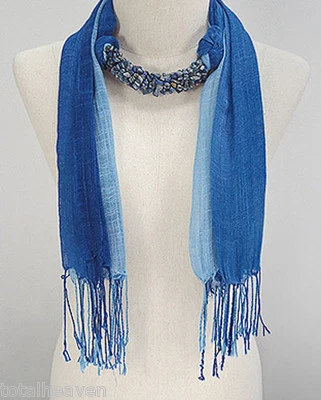 NEW Genuine Gemstone Lapis Lazuli Beaded 100% Cotton Scarf Navy & Light Blue - Image 1 of 3