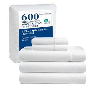 600 TC 100% Cotton Split King Sheets Sets for Adjustable Beds, 15 inch Deep P... - Picture 1 of 9