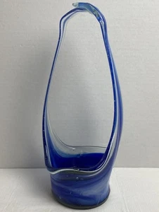 Jarrón de vidrio artístico estirado soplado a mano azul de colección 11” cesta oscilante estilo Murano MCM - Imagen 1 de 8