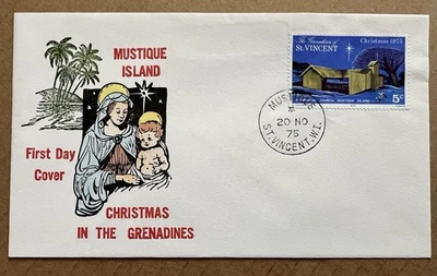 St. Vincent 1975 Christmas FDC • Mustique Island Church • Grenadines Issue - Image 1 of 4