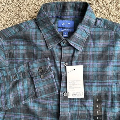 $46NUEVO CON ETIQUETAS Apt. Camisa con botones a cuadros verde azulado de franela pequeña calce ceñido al tacto suave 9 para hombre Foto 1 de 4