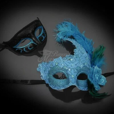 Couple's Masquerade Masks | Feather Masquerade Masks Black/Teal Blue - Image 1 of 4