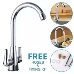 Modern Kitchen Sink Mixer Taps Swivel Spout Twin Lever Tap Mono Chrome Faucet - Picture 1 of 14