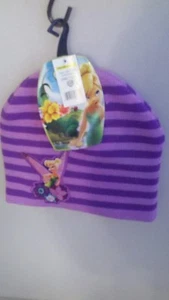 GIRLS ONE SIZE WINTER HAT WITH TINKERBELL ON IT PURPLE STRIPE A-22 - Imagen 1 de 2