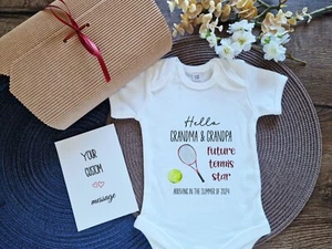 Tennis Baby Announcement Sports Fan Pregnancy Gift Grandma Grandpa Bodysuit - Picture 1 of 7