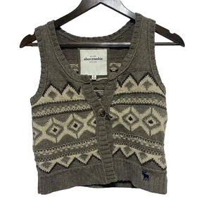 Abercrombie Sweater Vest Girls XL Brown Fair Isle Sleeveless Wool Cropped Y2K - Picture 1 of 10