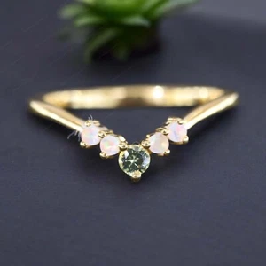 9k Solid Gold 3 MM Round Shape Natural Peridot Band Fire Opal Wedding Band - Picture 1 of 10