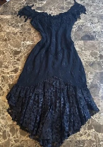 Vtg 80s Florencia Fiume Black Lace Off Shoulder Fringe Handkerchief Dress L - Picture 1 of 23
