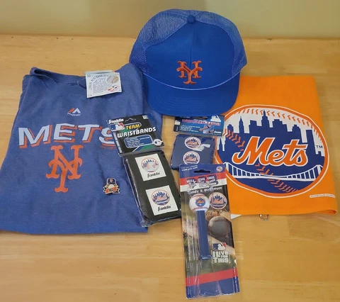 Lot of 7 New York Mets Souvenirs. Hat, Shirt (L), Pin, Towel, Wristbands & Pez! Cover