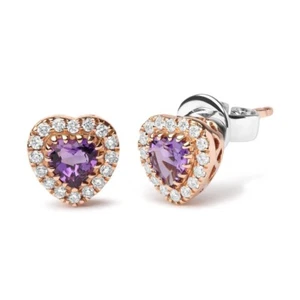 18K White & Rose Gold 1/6 Cttw Diamond Purple Amethyst Halo Heart Stud Earrings - Picture 1 of 3